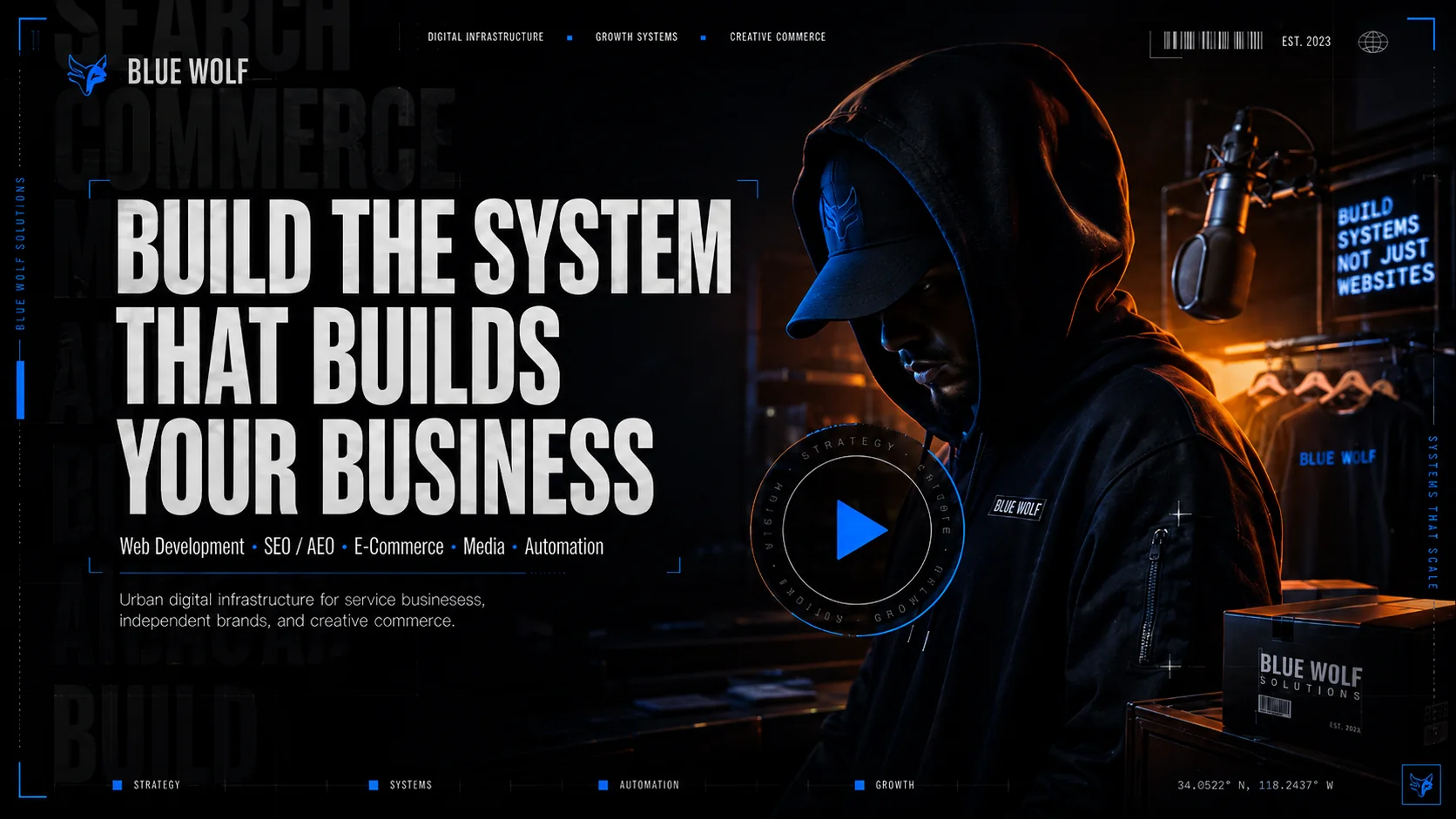 Blue Wolf Solutions - build the system that builds your business. Web development, SEO and AEO, e-commerce, media and automation for service businesses and independent brands.